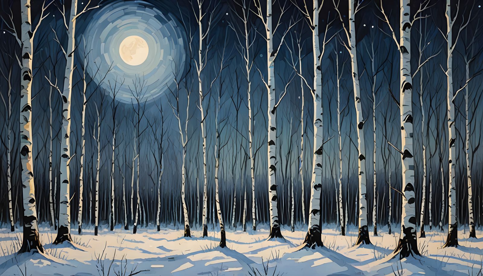 Moonlit Winter Forest in Impressionist Style