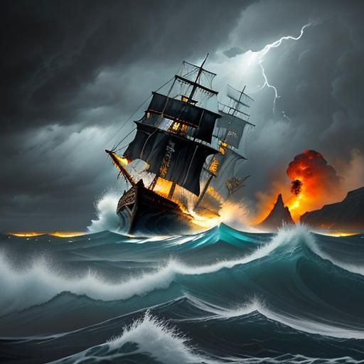 Burning Pirate Ship Amidst Icy Storm: Digital Art