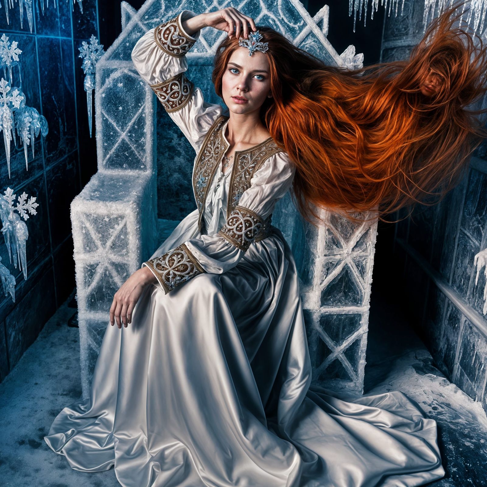 Snow Queen with Red Hair on Ice Throne