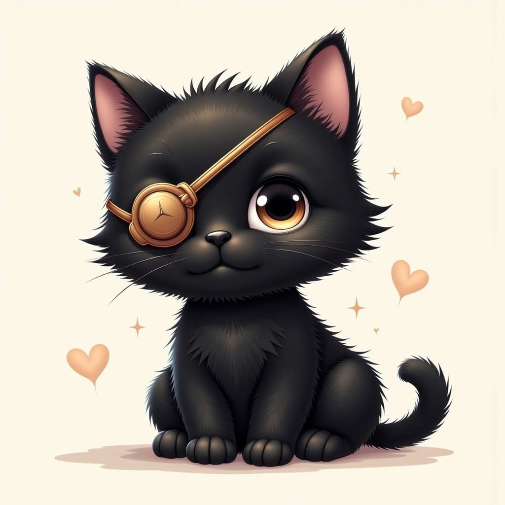 Cute Black Kitten with Eye Patch Illustration