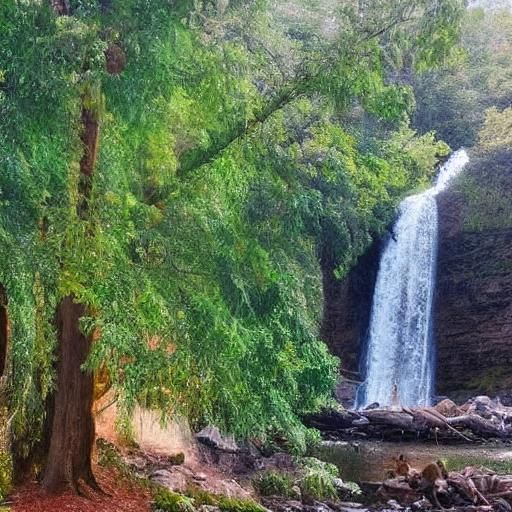 Rainbow Waterfall Scene with Lush Tree