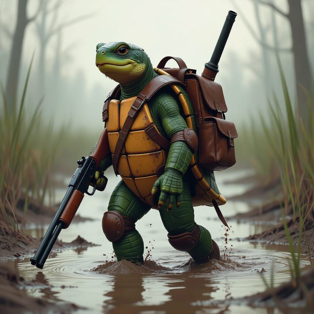 Turtle with Shotgun Backpack in Sci-Fi Art Style