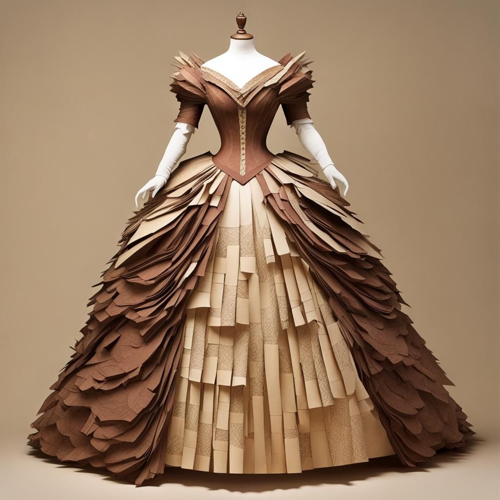 Fine Art Collage :: (Victorian Ball Gown made of Paper, 1:4) :: Collapsed Sleeves, Low Neckline, Elongated V-shaped Bodi...