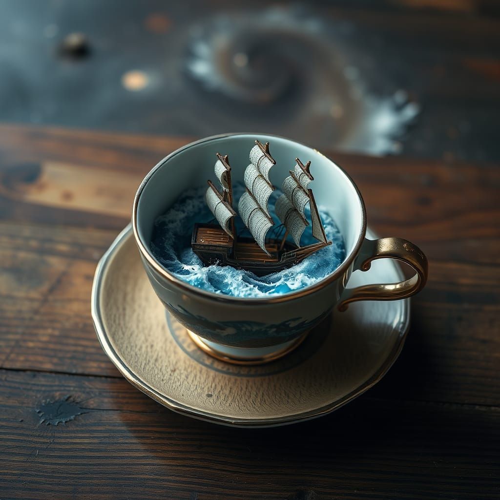 Fantasy Ship Battles Stormy Seas in Teacup