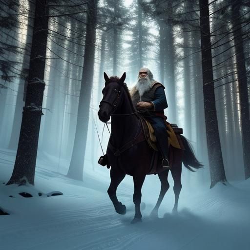 Santa Claus in Snowy Forest at Golden Hour