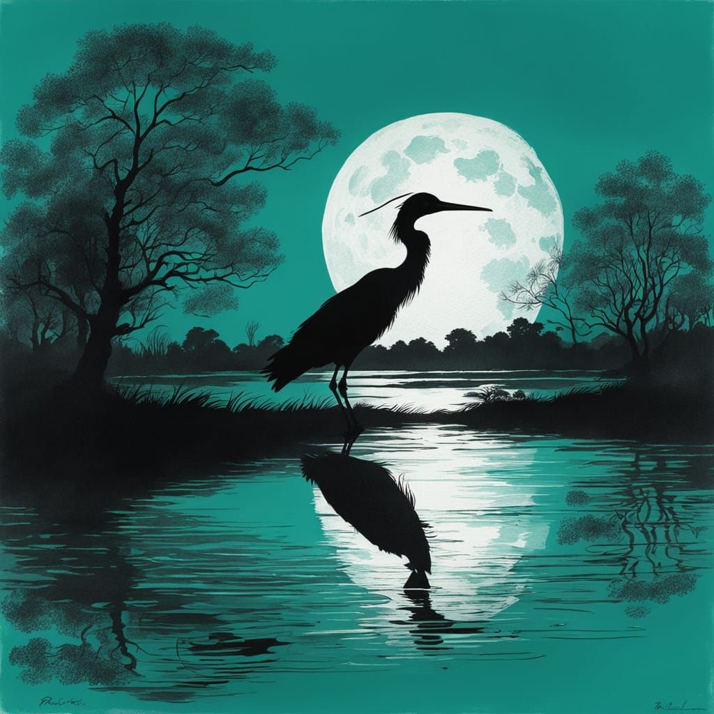 Stork Silhouette in Turquoise Pond: Gouache and Ink