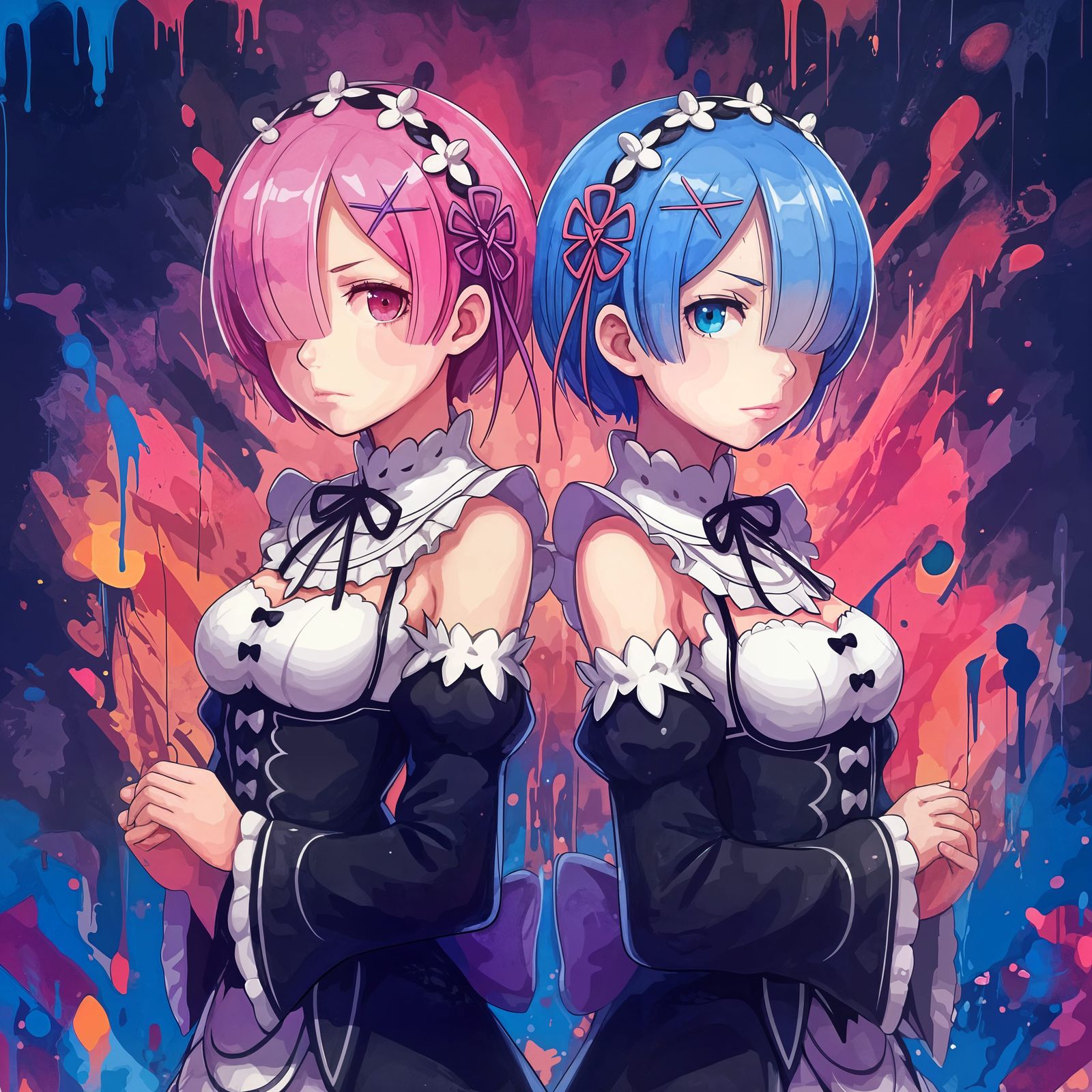 Ram and Rem in Graffiti Splash Art Style