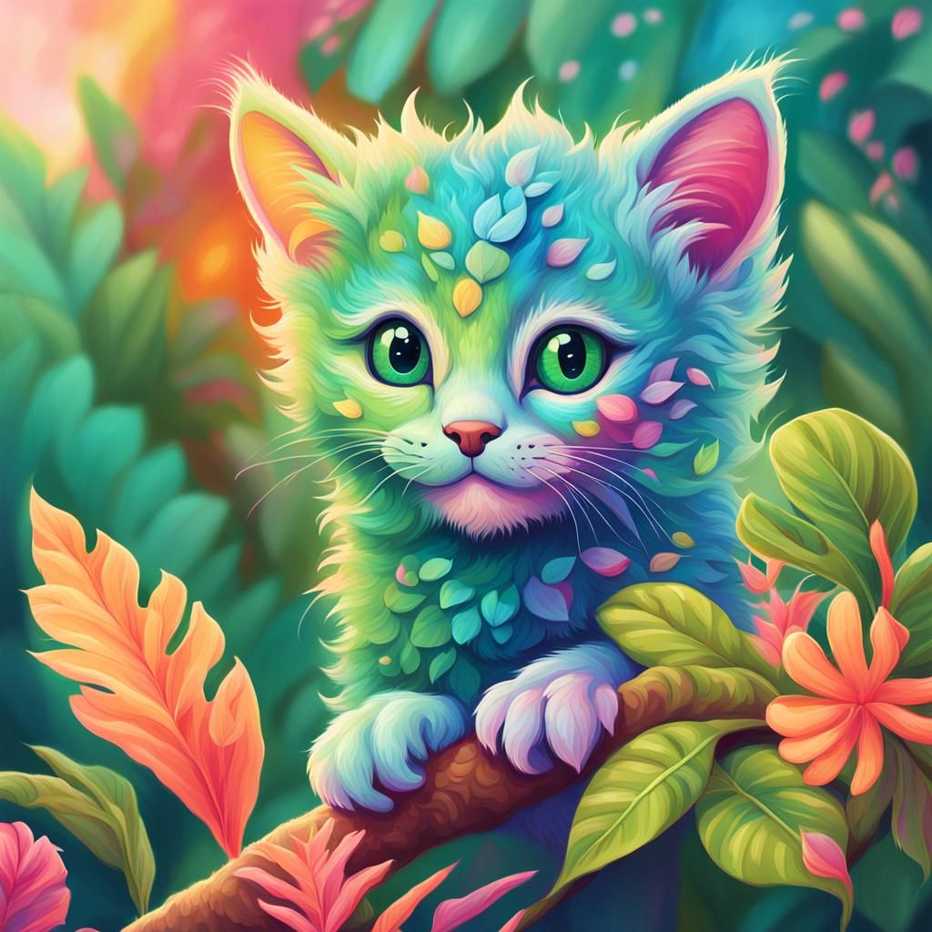 Whimsical Kitten-Chameleon Hybrid in Vibrant Tropical Habita...