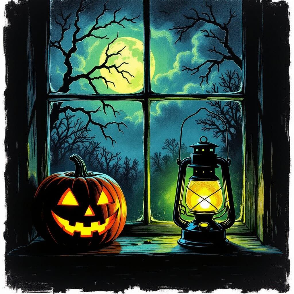 Creepy Halloween Window Scene with Spectral Light