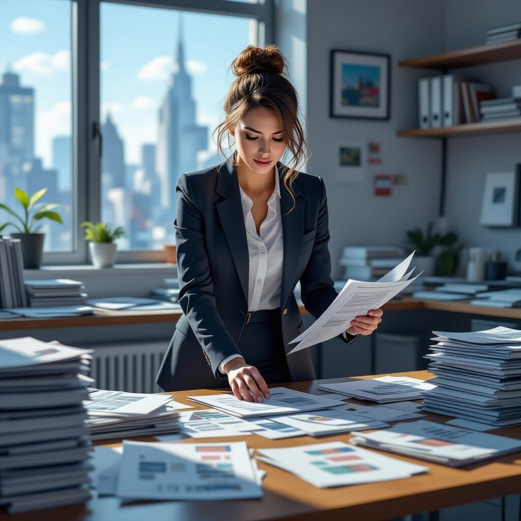 Woman Sorting Files in Futuristic Style