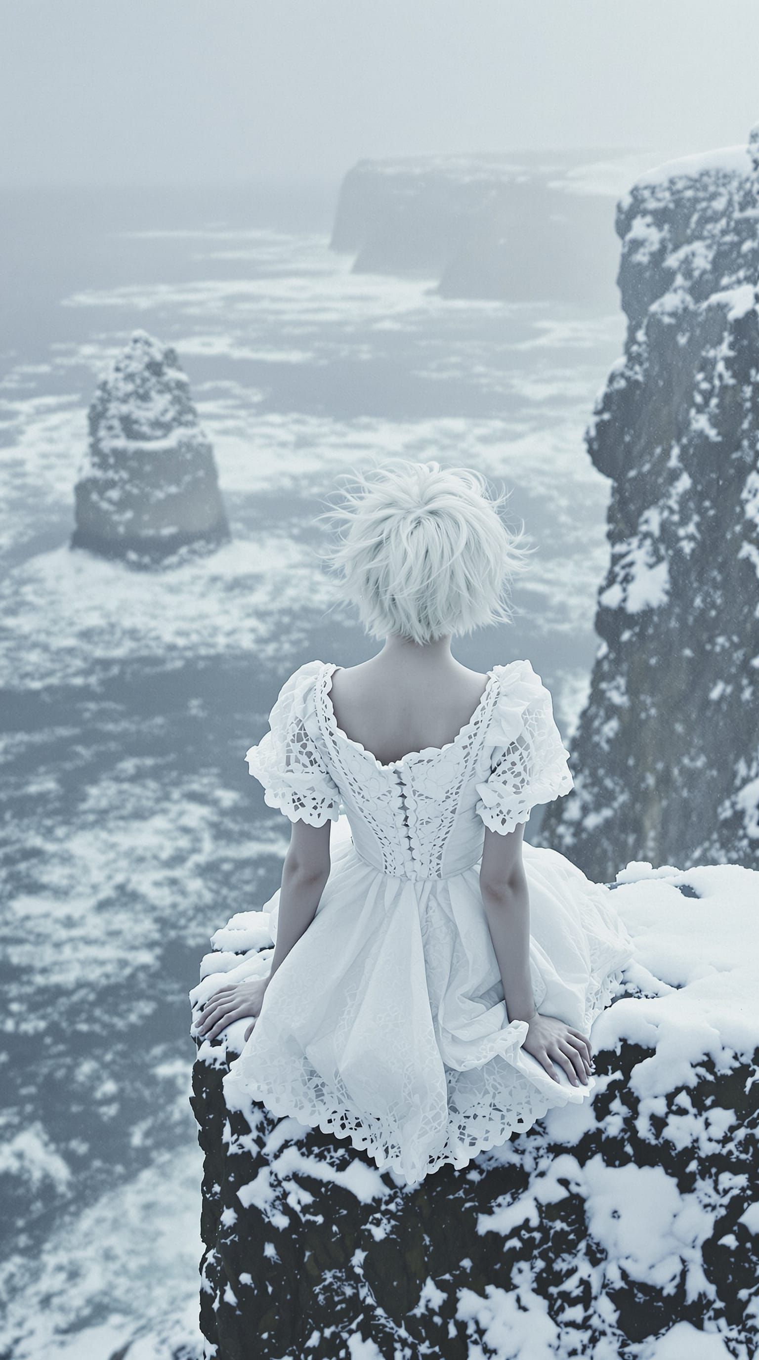 Albino Woman on Snowy Cliffs Overlooking Stormy Sea