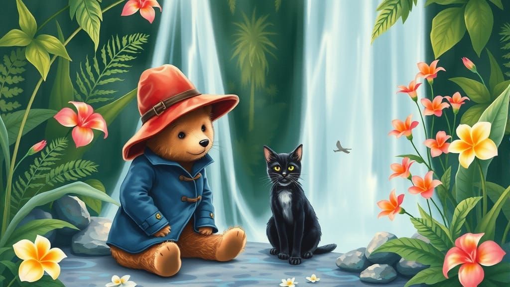Paddington Bear Plays with Tuxedo Cat in Whimsical Waterfall...