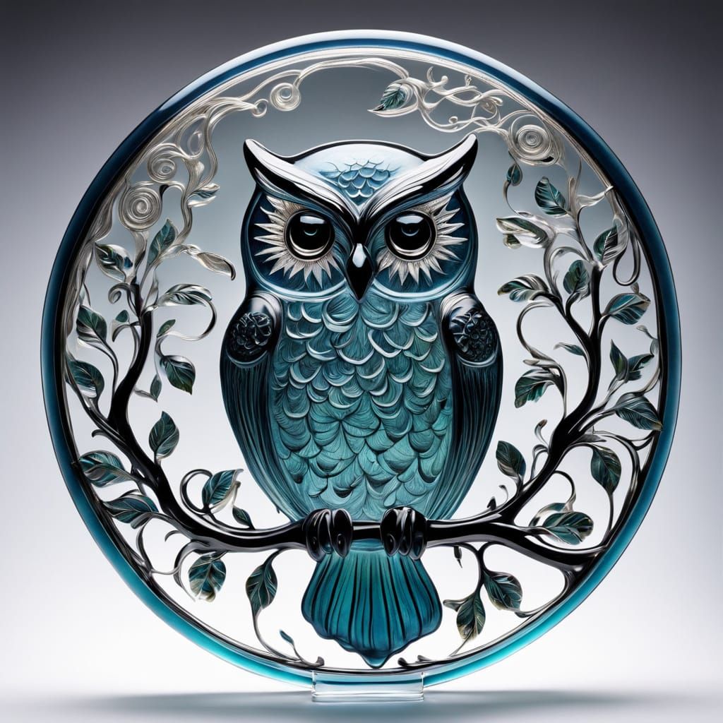 Molten Glass Owl with Botanical Ornamentation