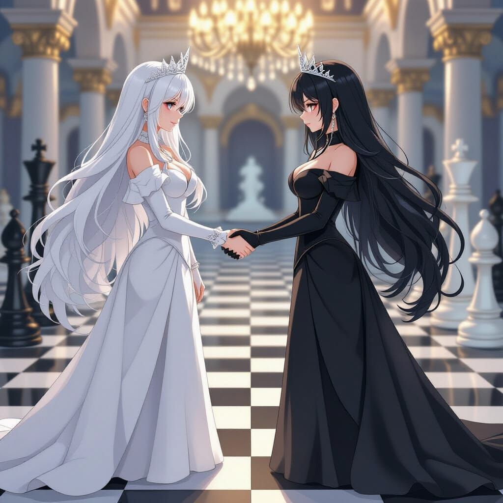 Two Queens Face Off on Giant Chessboard, Semi-Realistic Anim...