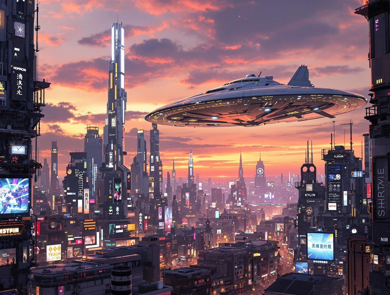 Cyberpunk Cityscape at Sunset