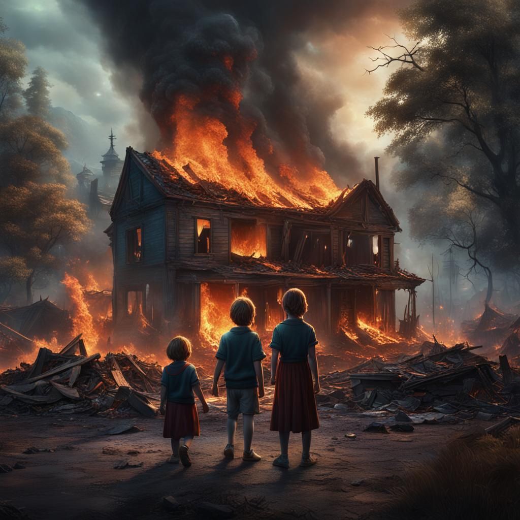 Ghostly Visit Amidst Burning Home: Matte Painting
