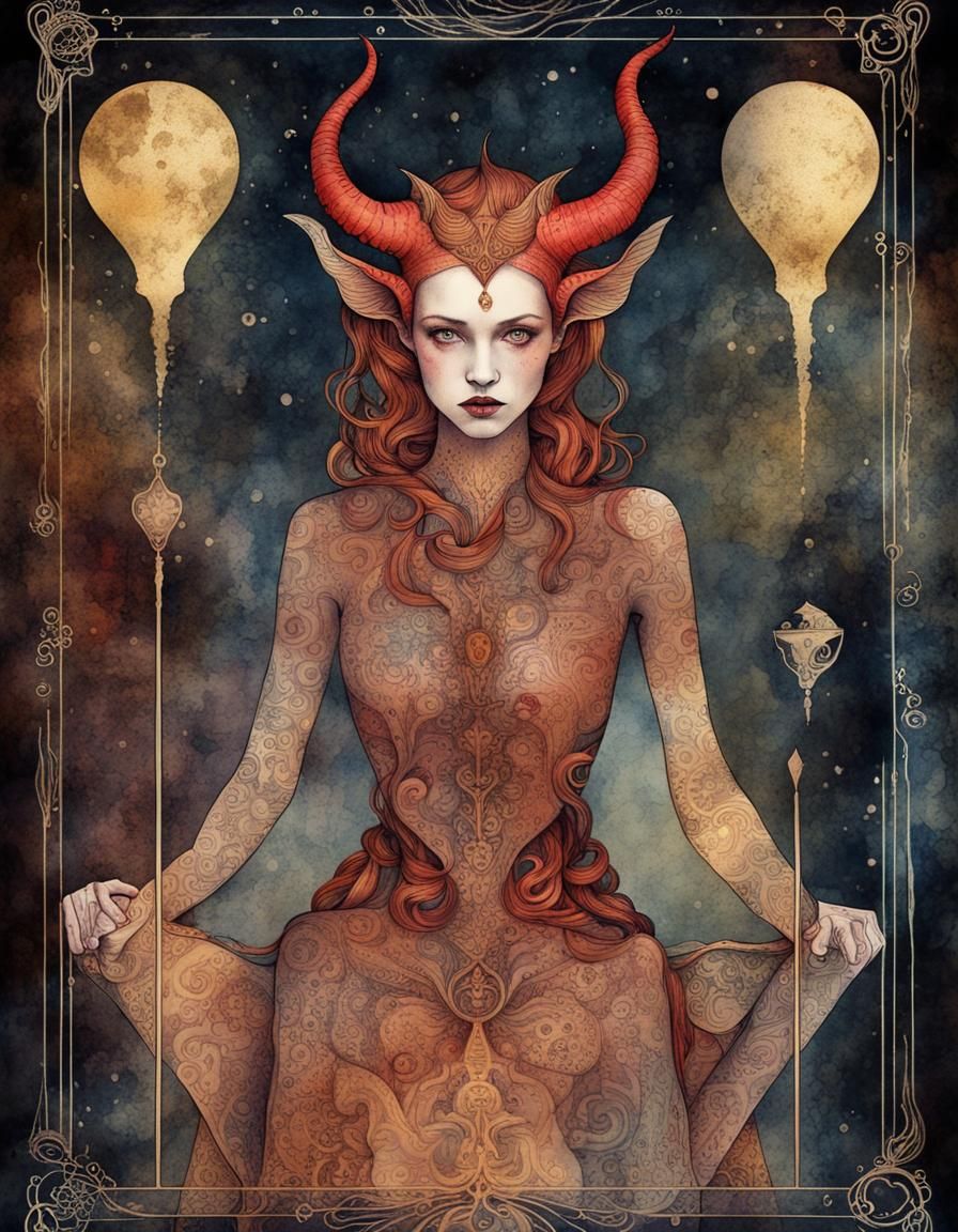 Surreal Watercolor Devil Tarot Card