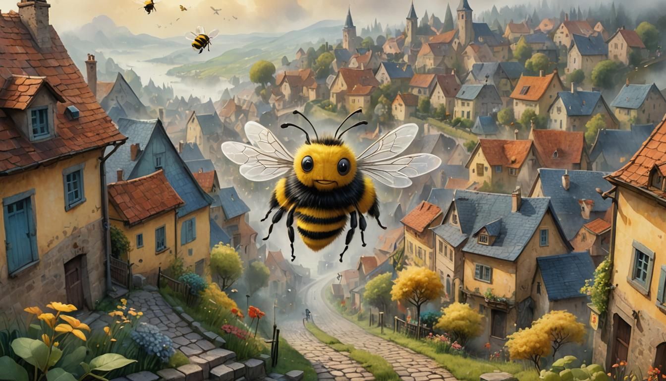 Giant Bee Soaring Over Village in Whimsical Scene