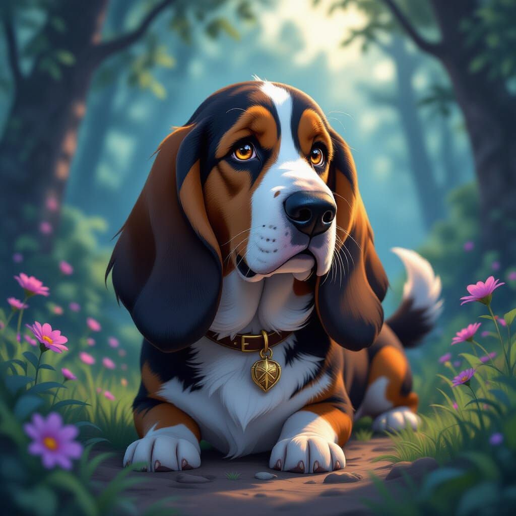 Regal Basset Hound Embodies Wild Spirit in Mystical Forest