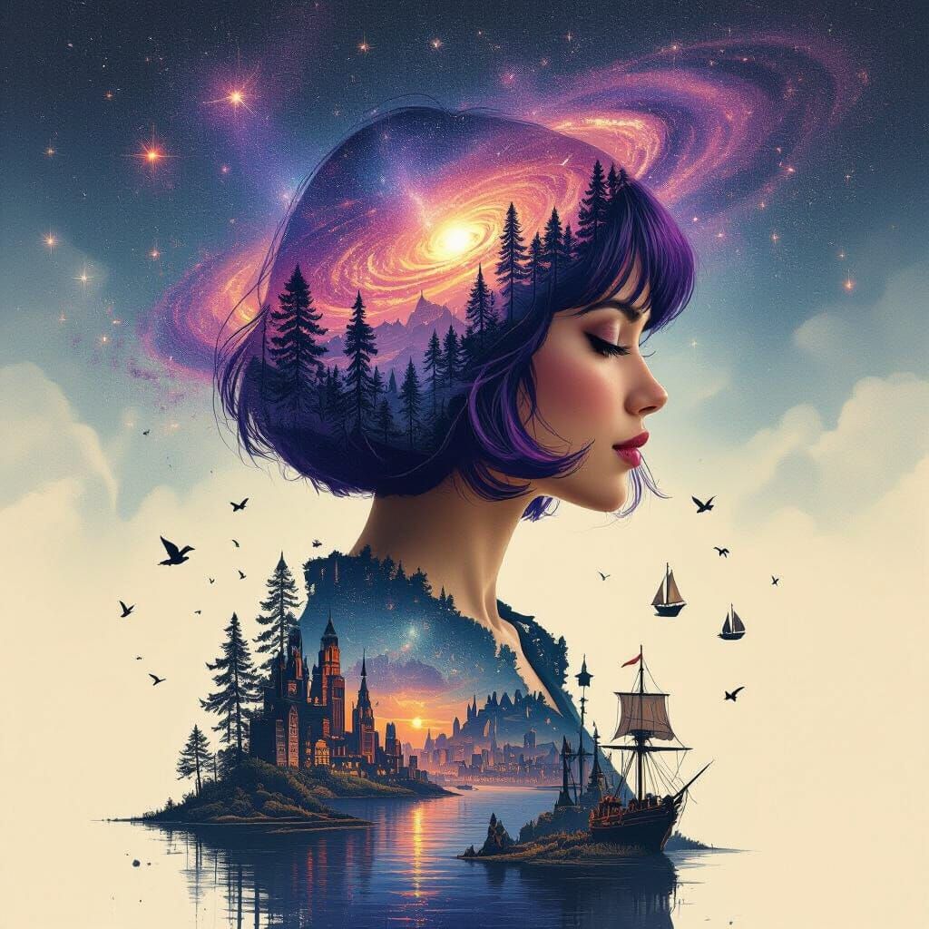 Woman's Silhouette Galaxy Double Exposure