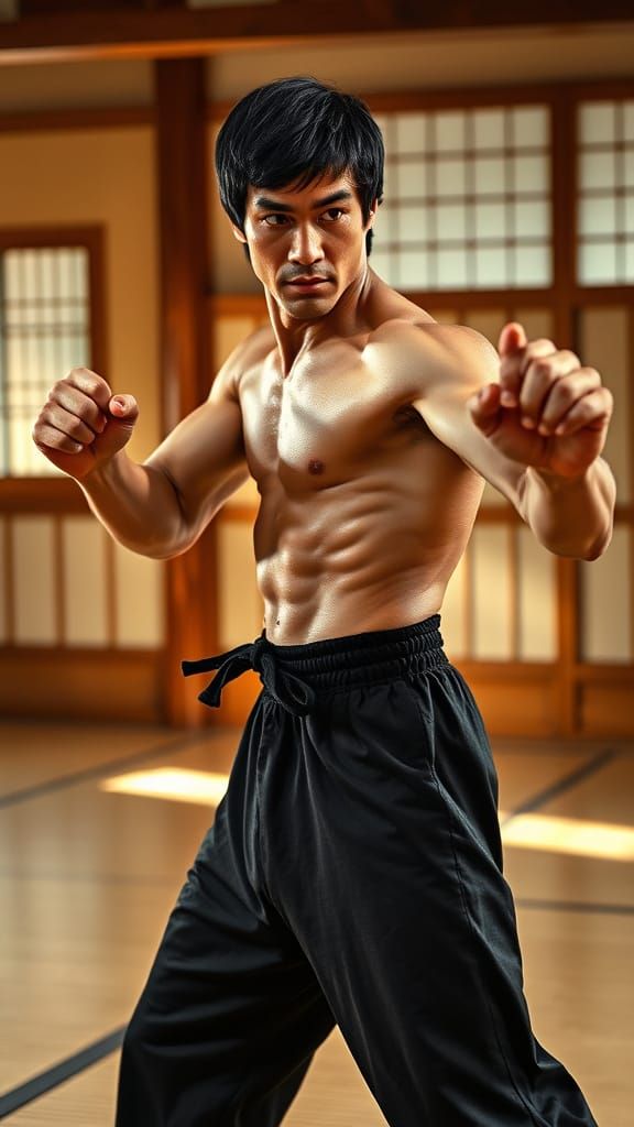 Bruce Lee in Intense Martial Arts Stance, Traditional Dojo B...