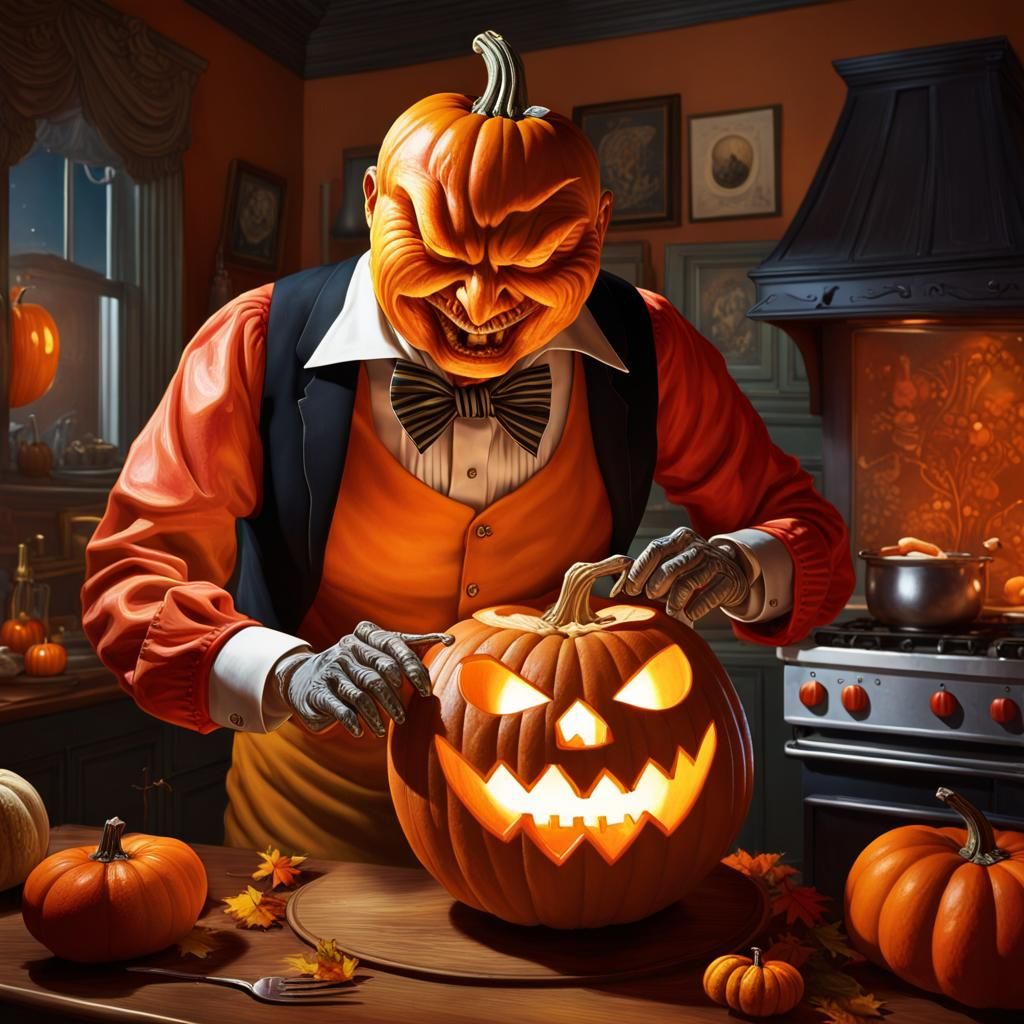 Anthropomorphic Pumpkin Gentleman Carving a Jack-o-Lantern