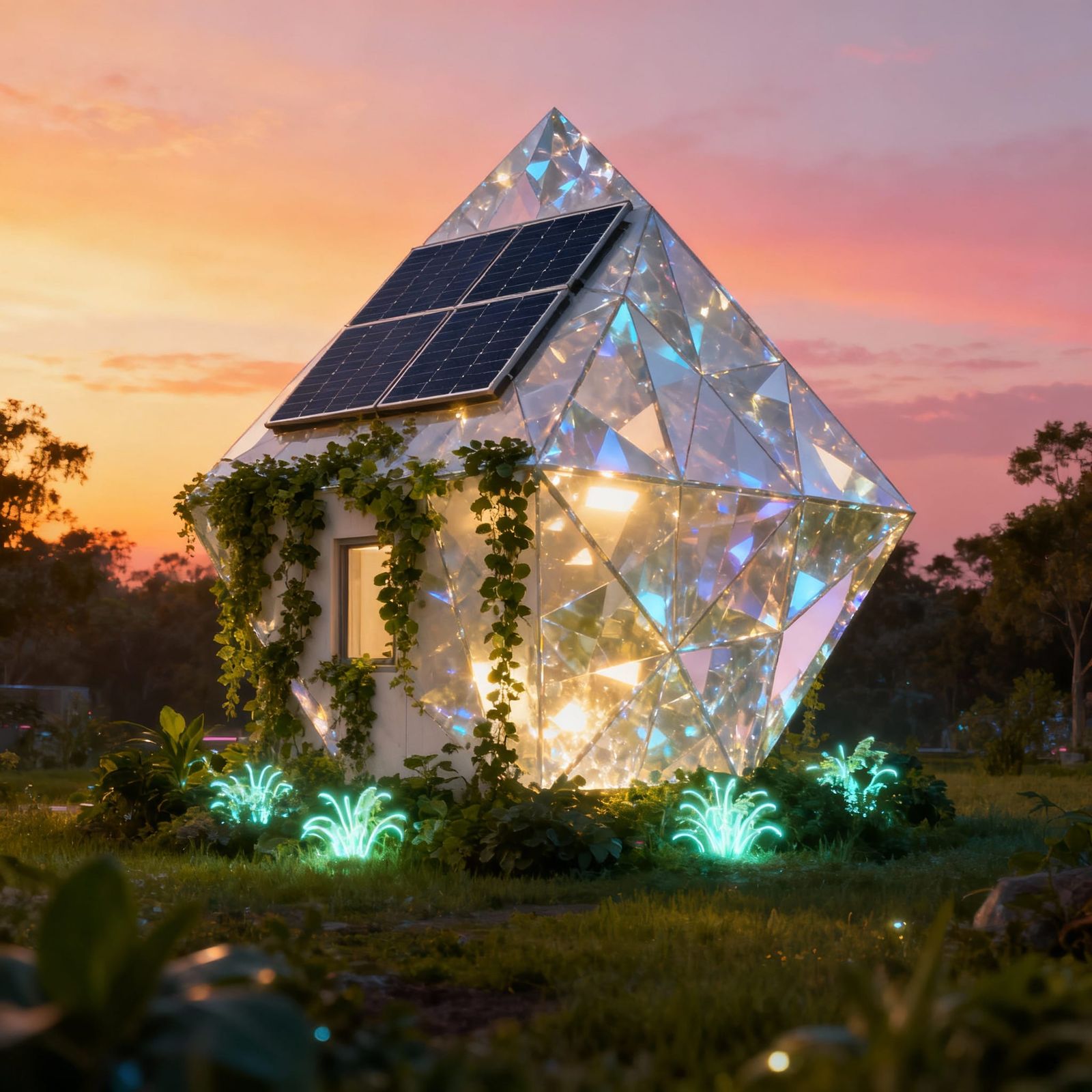Solarpunk Diamond House at Evening