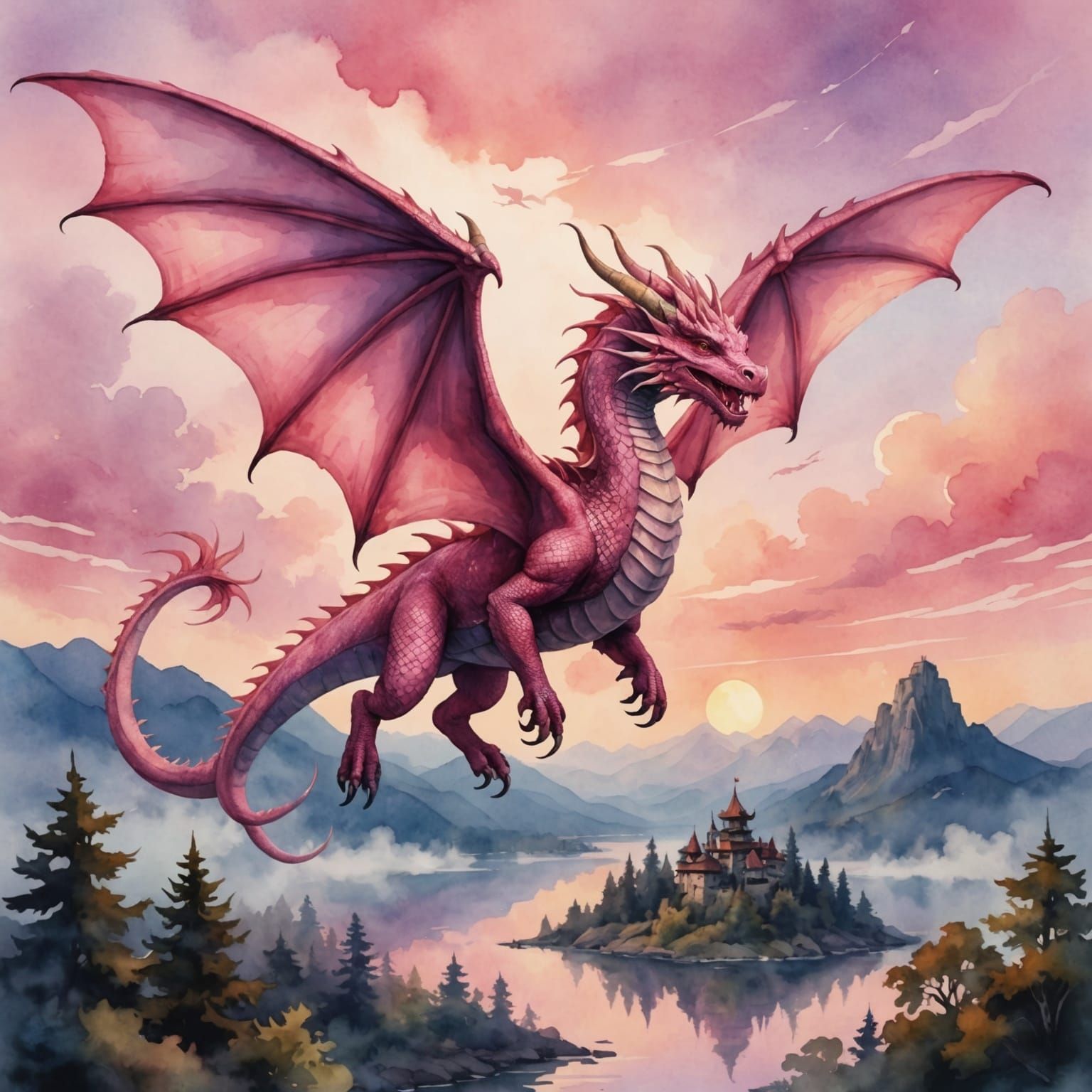 Pink Dragon Flies at Dawn: Watercolor Art