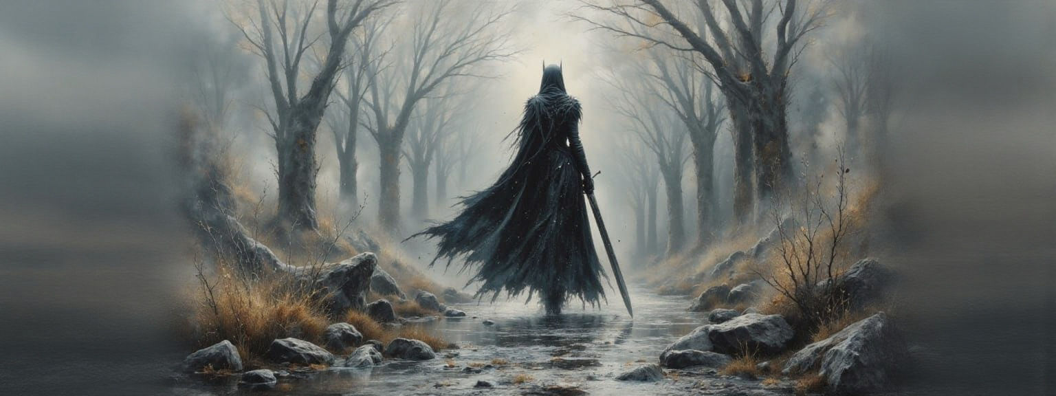 Eerie Norse Warrior Witch in Dark Oil Painting