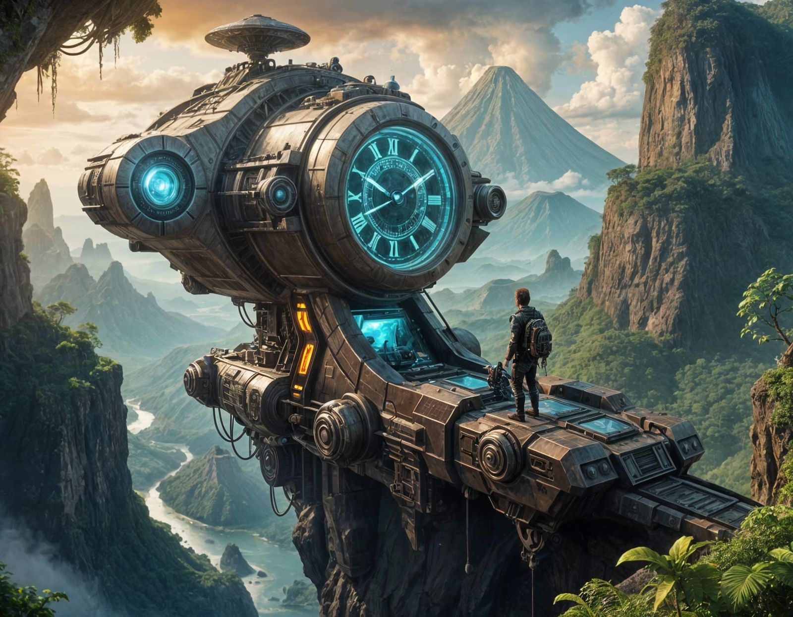 Futuristic Time Traveler on Cliff's Edge Overlooks Volcanic ...