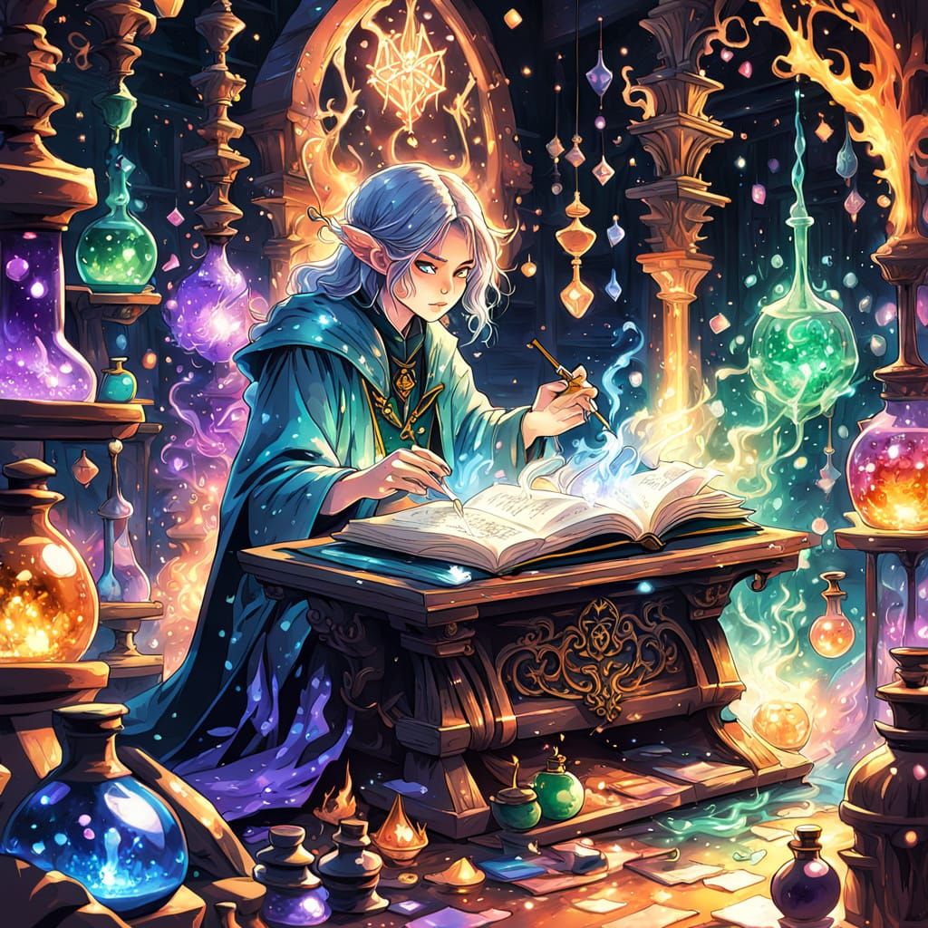 Elf Sorceress Prepares Potions in Magical Lab