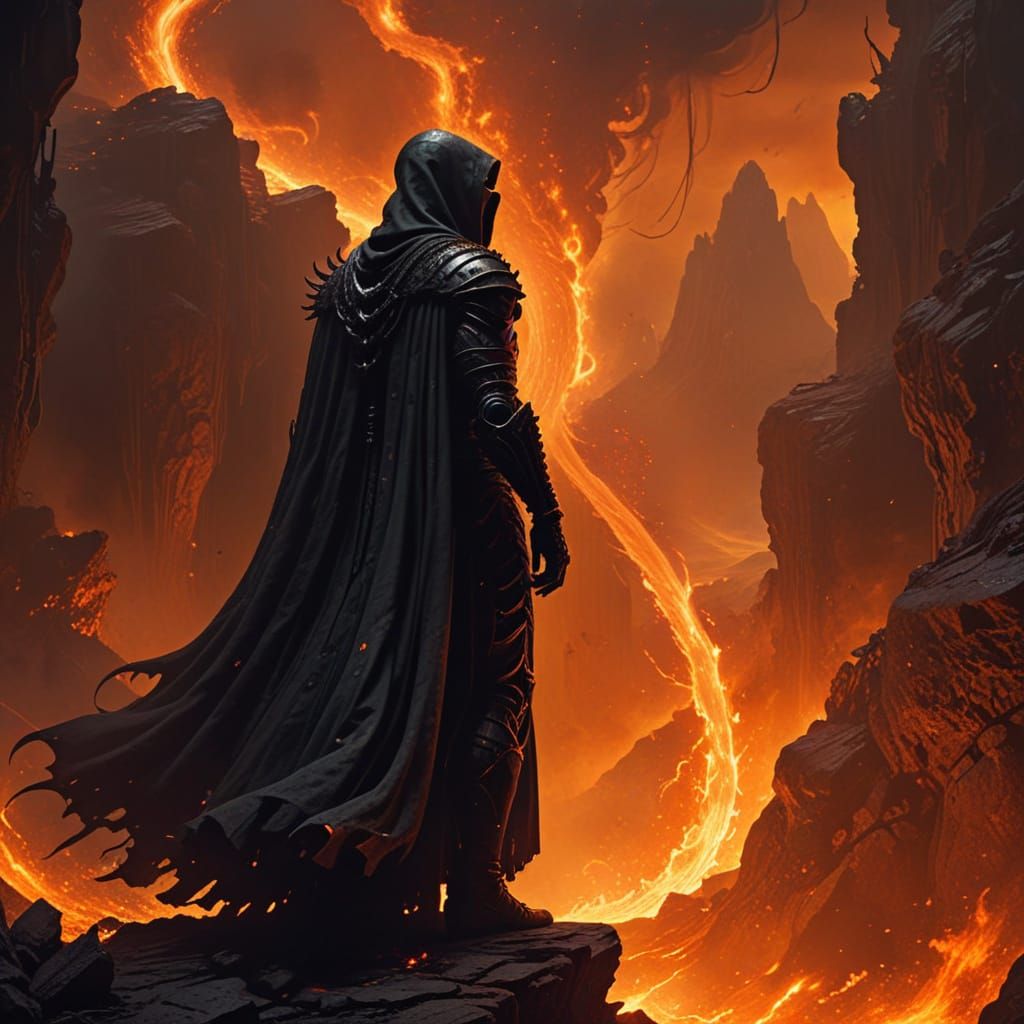 Sorcerer Stands at the Edge of a Fiery Abyss in Dark Fantasy...