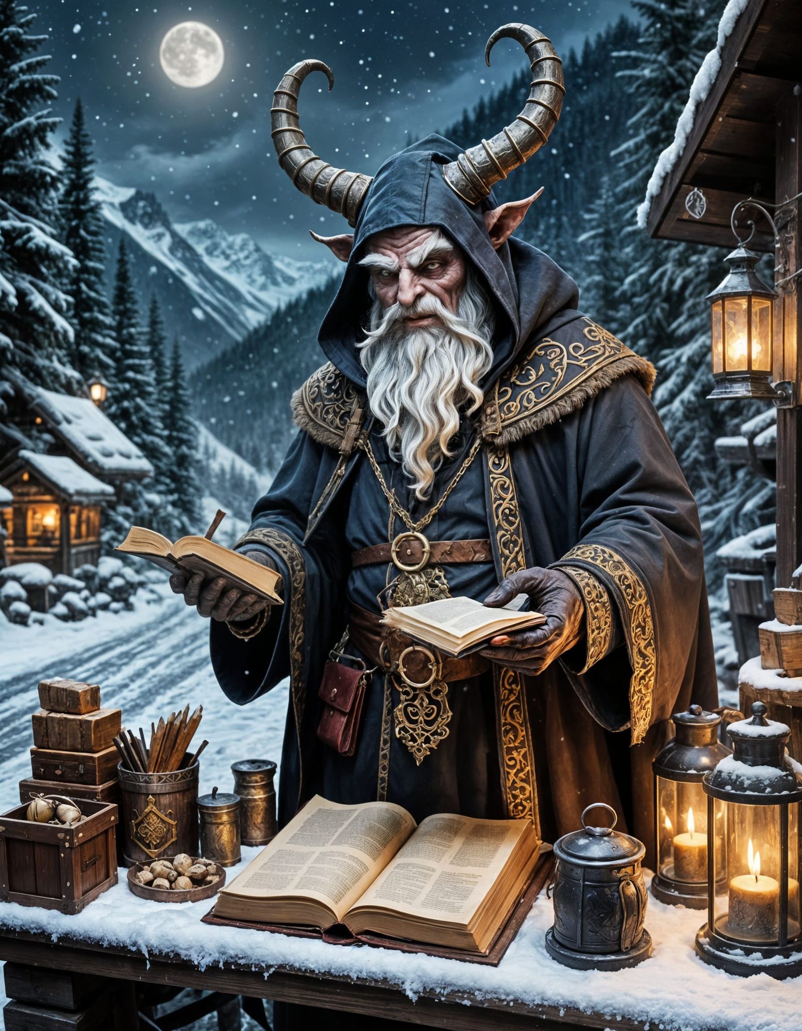 Krampus Merchant in Snowy Mountain Pass