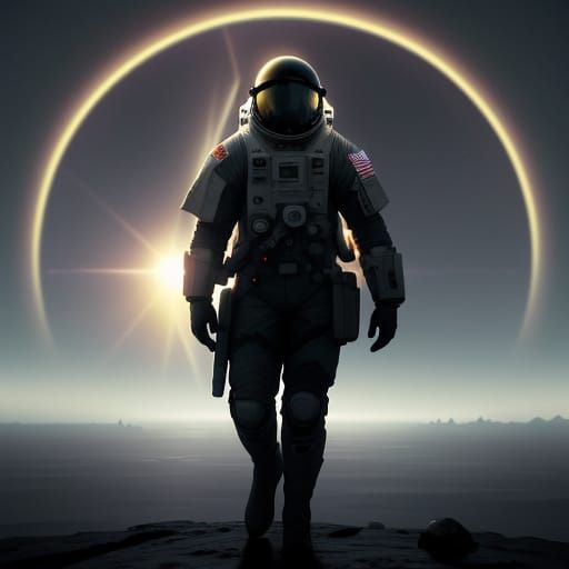 Astronaut Gazes at Binary Sunset on Alien Planet