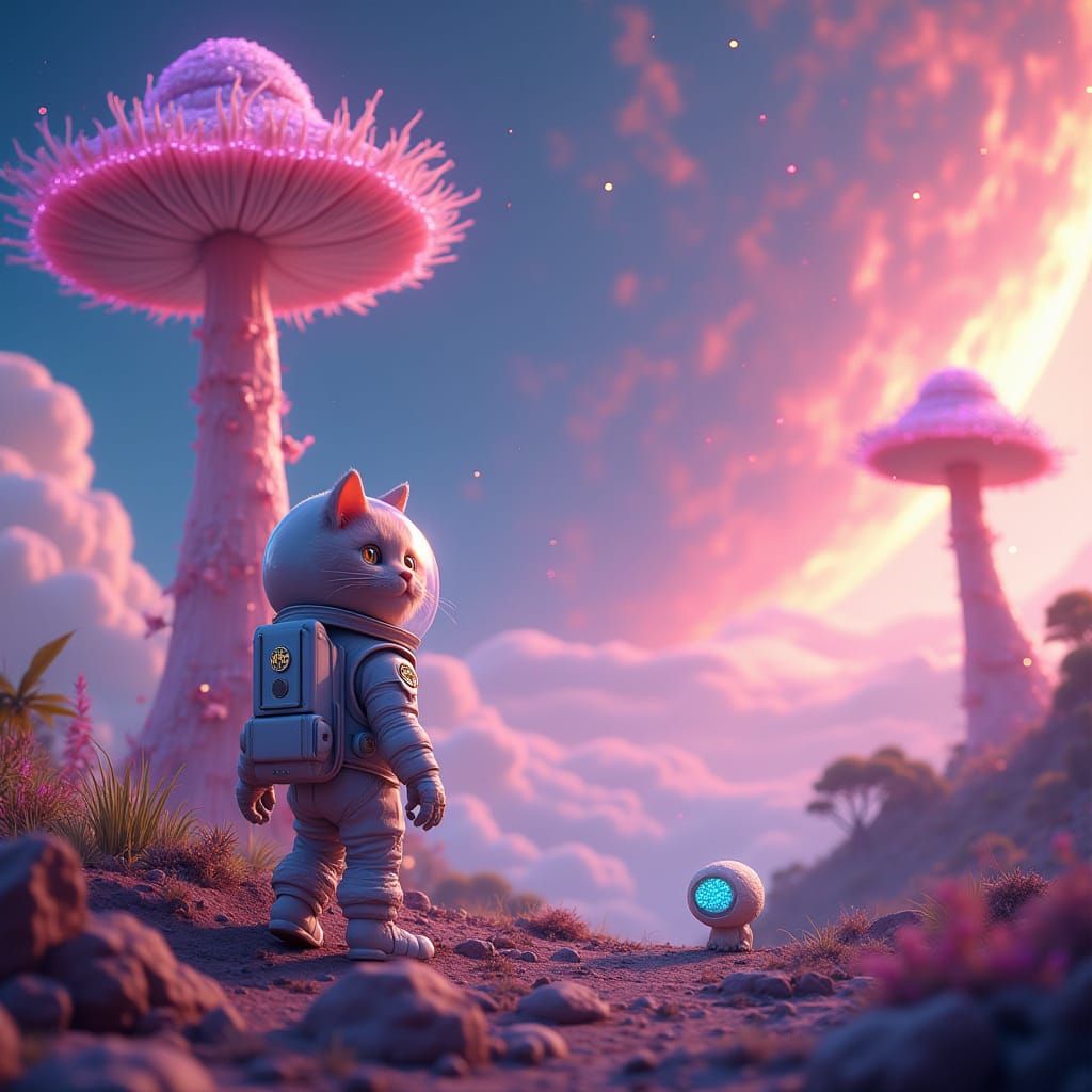Surreal Cosmic Landscape with Bioluminescent Mushrooms and P...