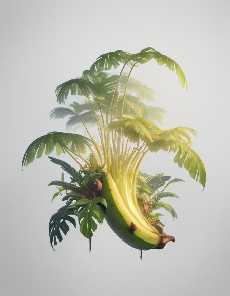 Banana Trees in Whimsical Colorful Jungle, Digital Illustrat...