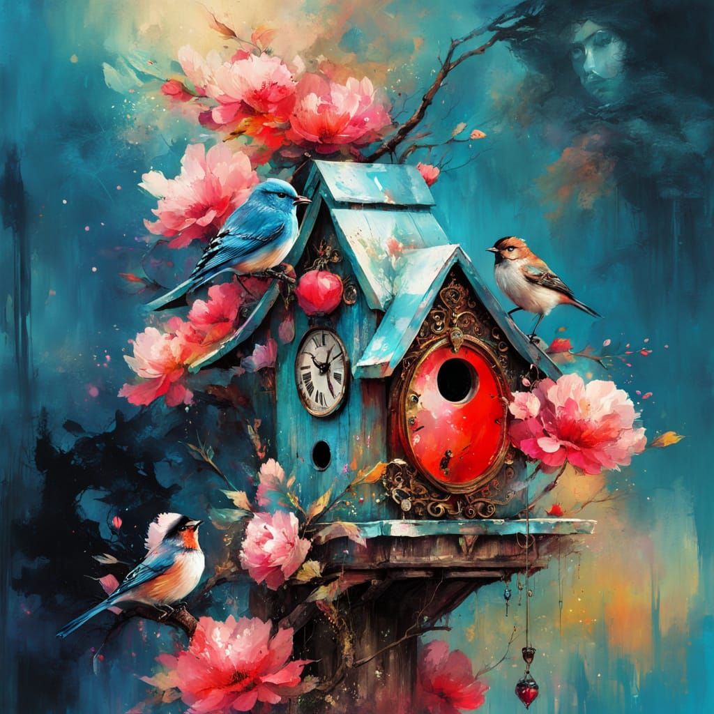 Clockpunk Birdhouse with Crystal Cherry Blossoms