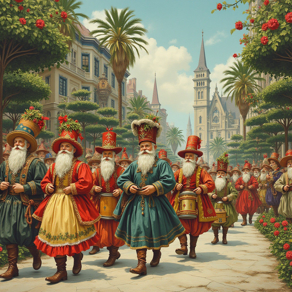 Festive Christmas Parade in Arthur Rackham Style