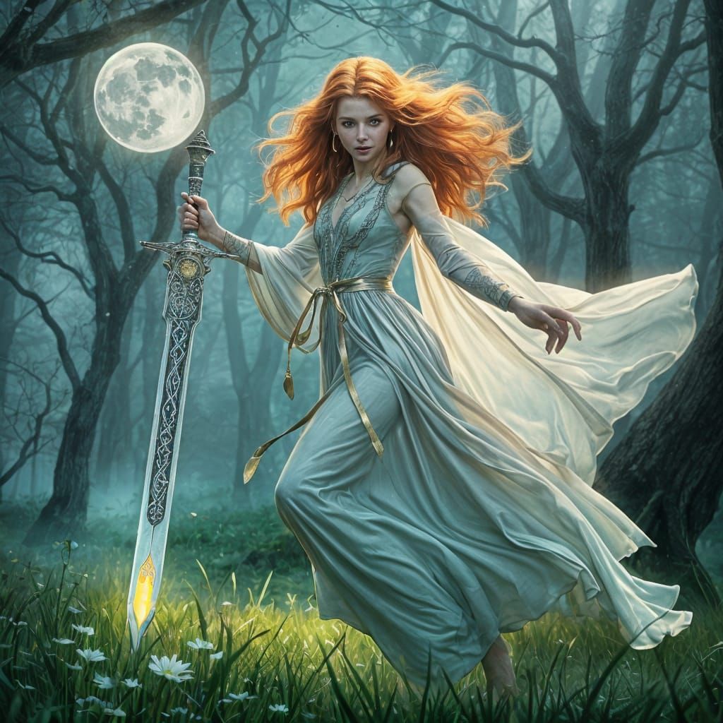 Enchanted Celtic Sorceress in Moonlit Forest