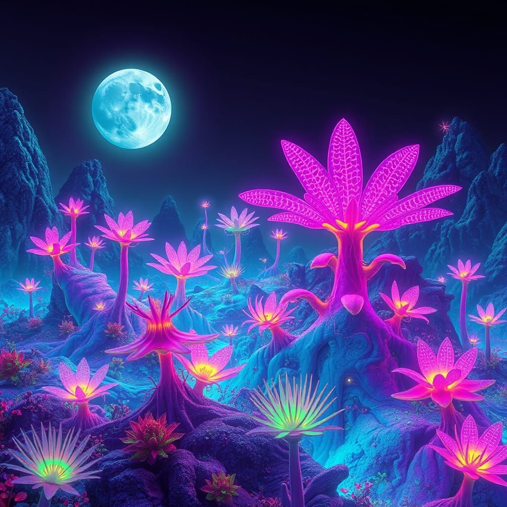 Ethereal Fluorescence in Dreamlike Cyberpunk Landscape