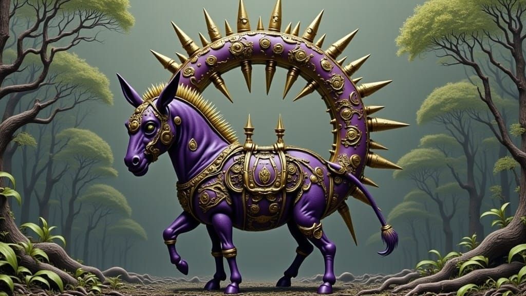 Giant Brass Icon on Unhappy Plush Donkey in Devastated Fores...