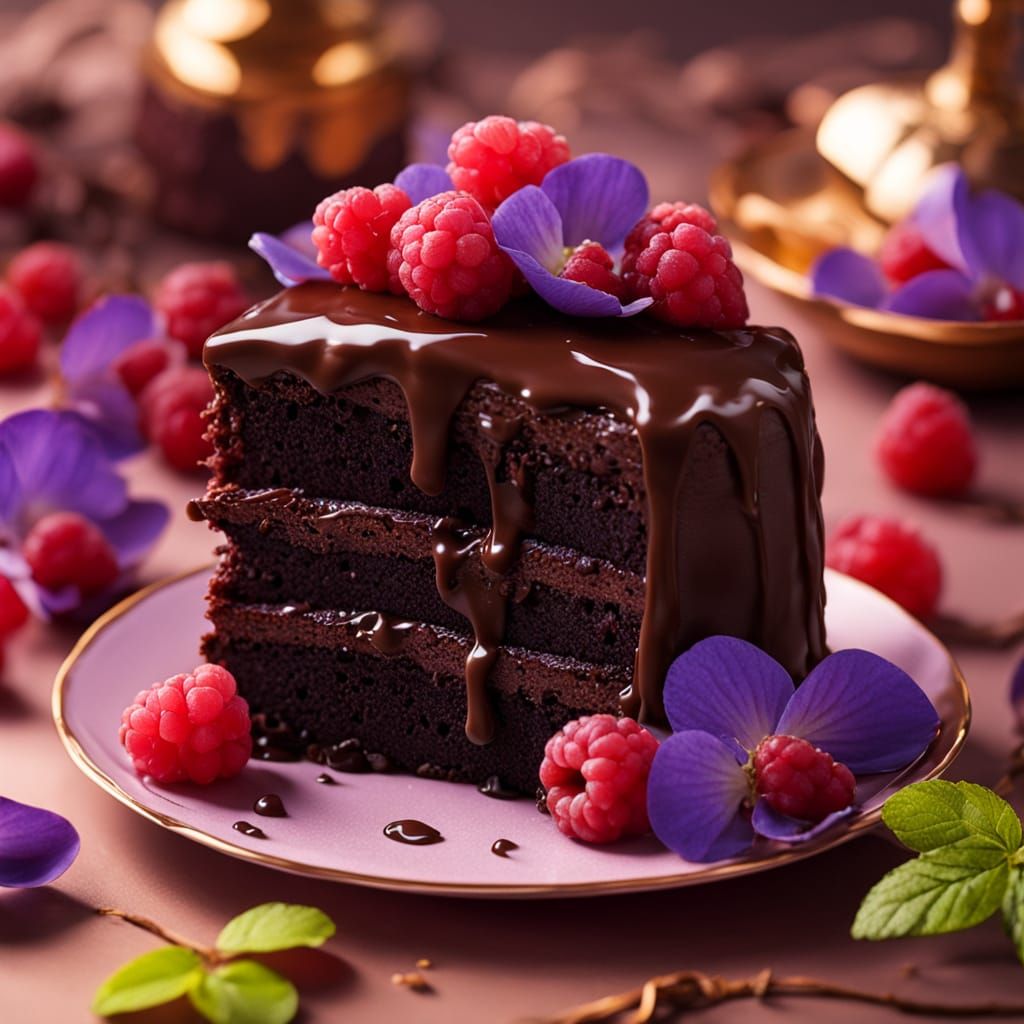 Black Chocolate Cake with Raspberries and Sugar Violets
