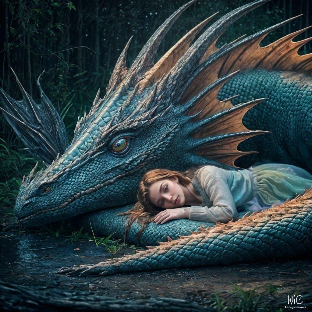 Girl and Rainbow Dragon at Dawn: 8K Photography