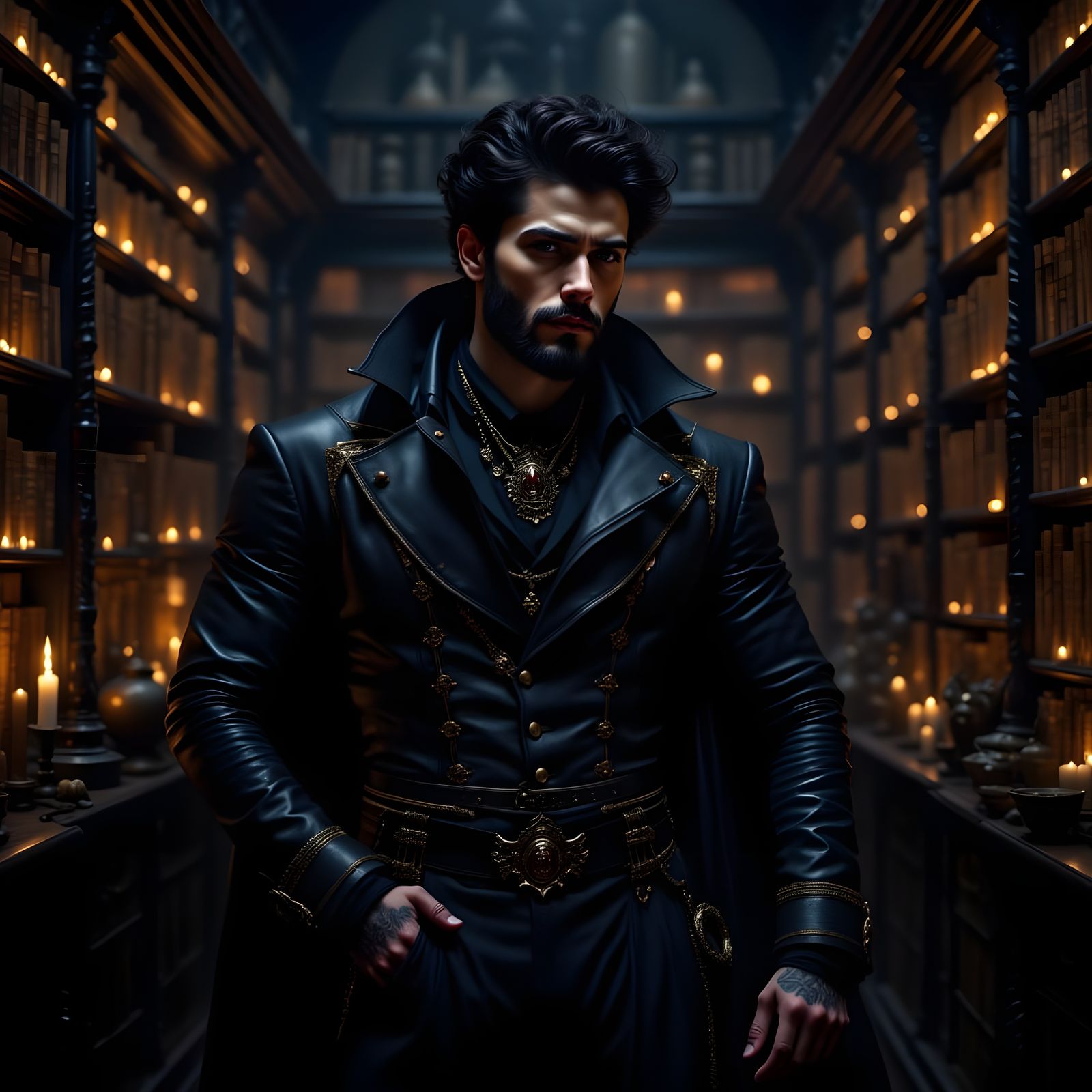 Brooding Gothic Man in Opulent Library, Impasto Style