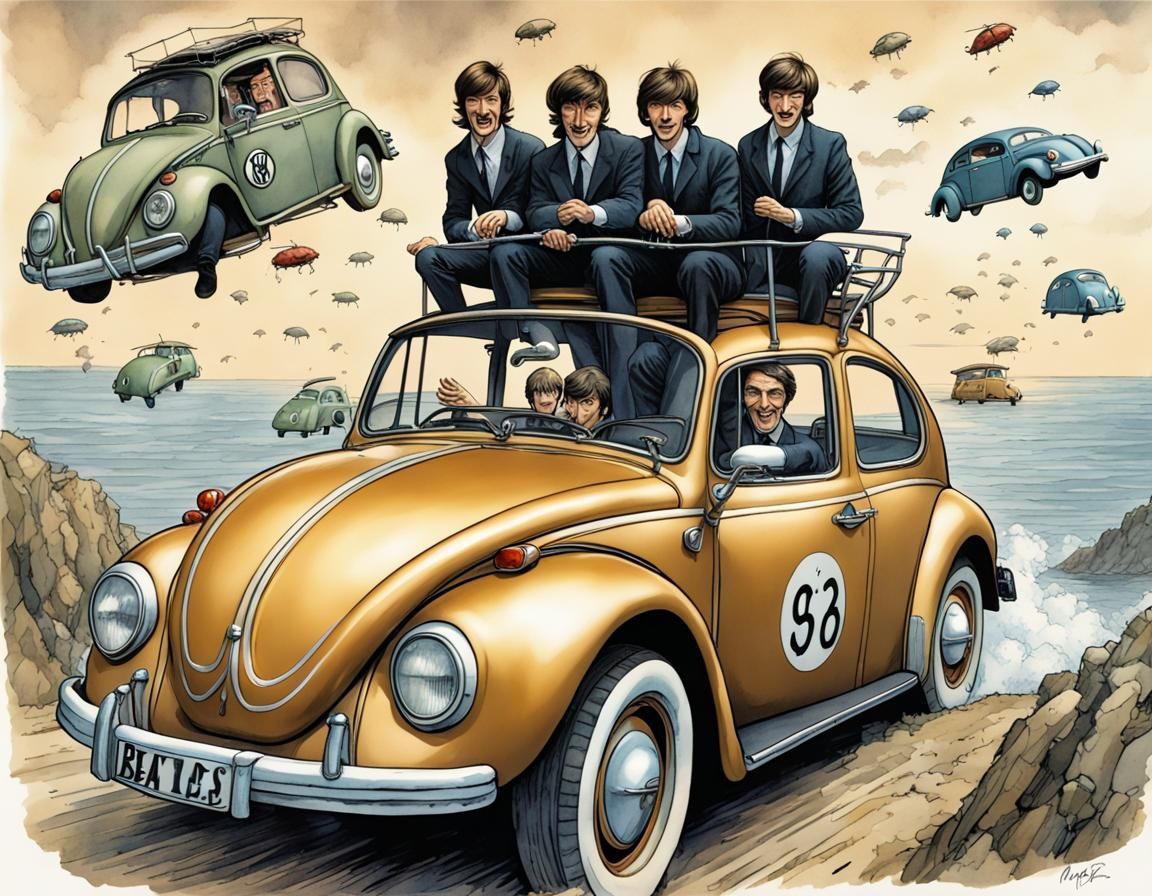 The Beatles in a VW beetle-cabriolet, flying beetles in the air