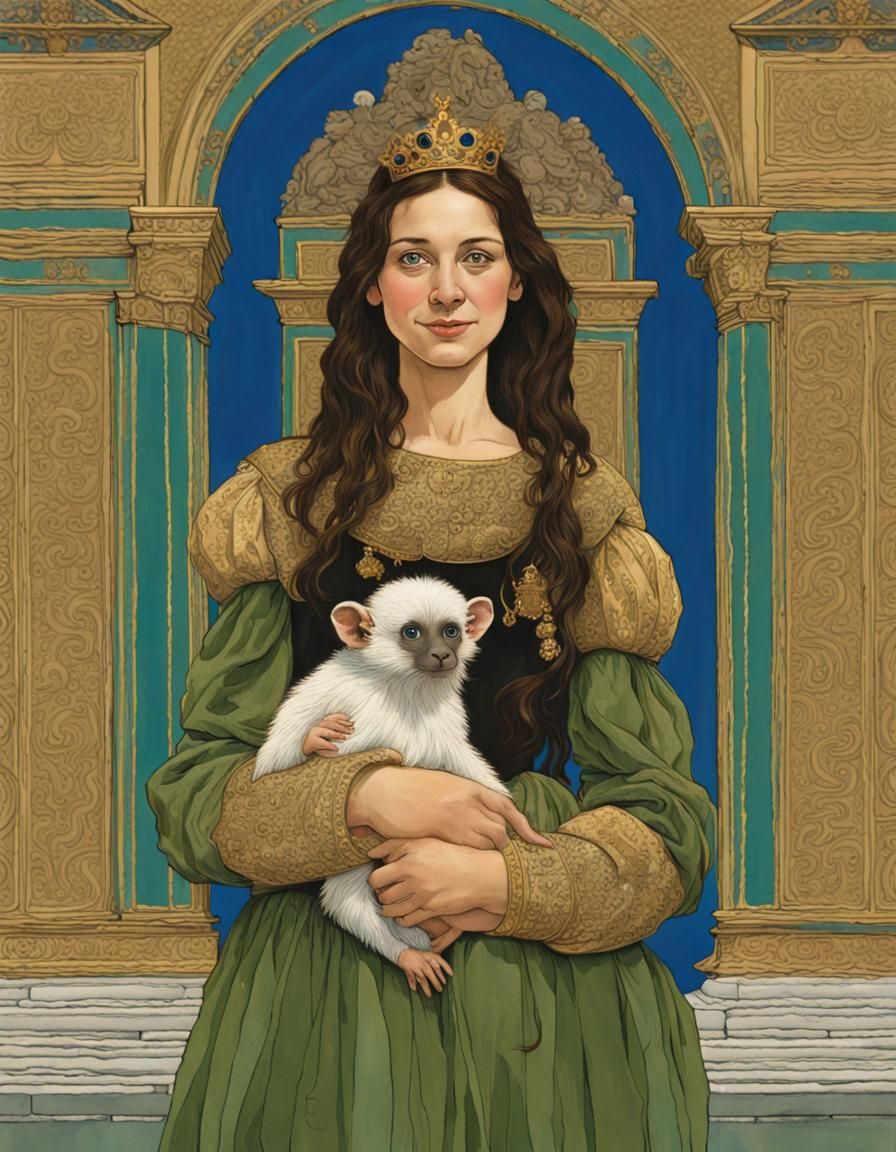 Medieval Sicilian Princess with Golden Monkey, Moebius Style