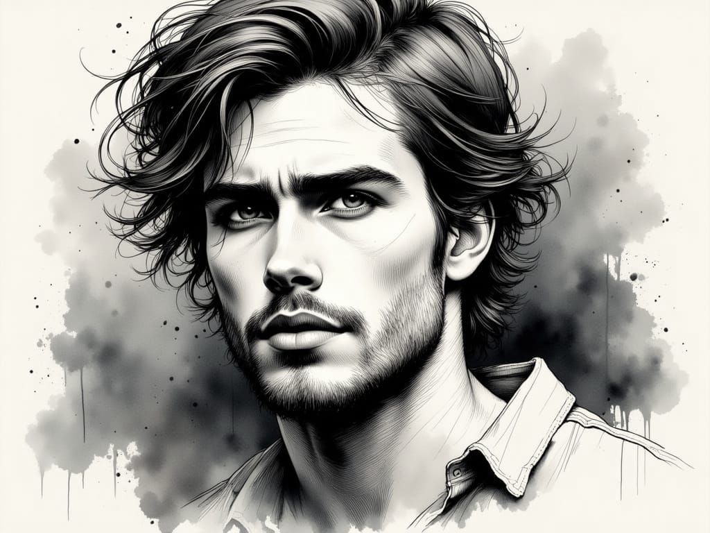 Handsome Man Portrait in Ink Drawing Style