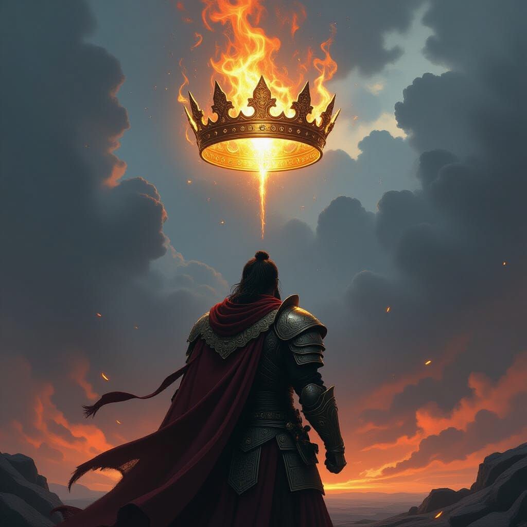 Majestic Warrior Faces Golden Crown in Dramatic Lighting