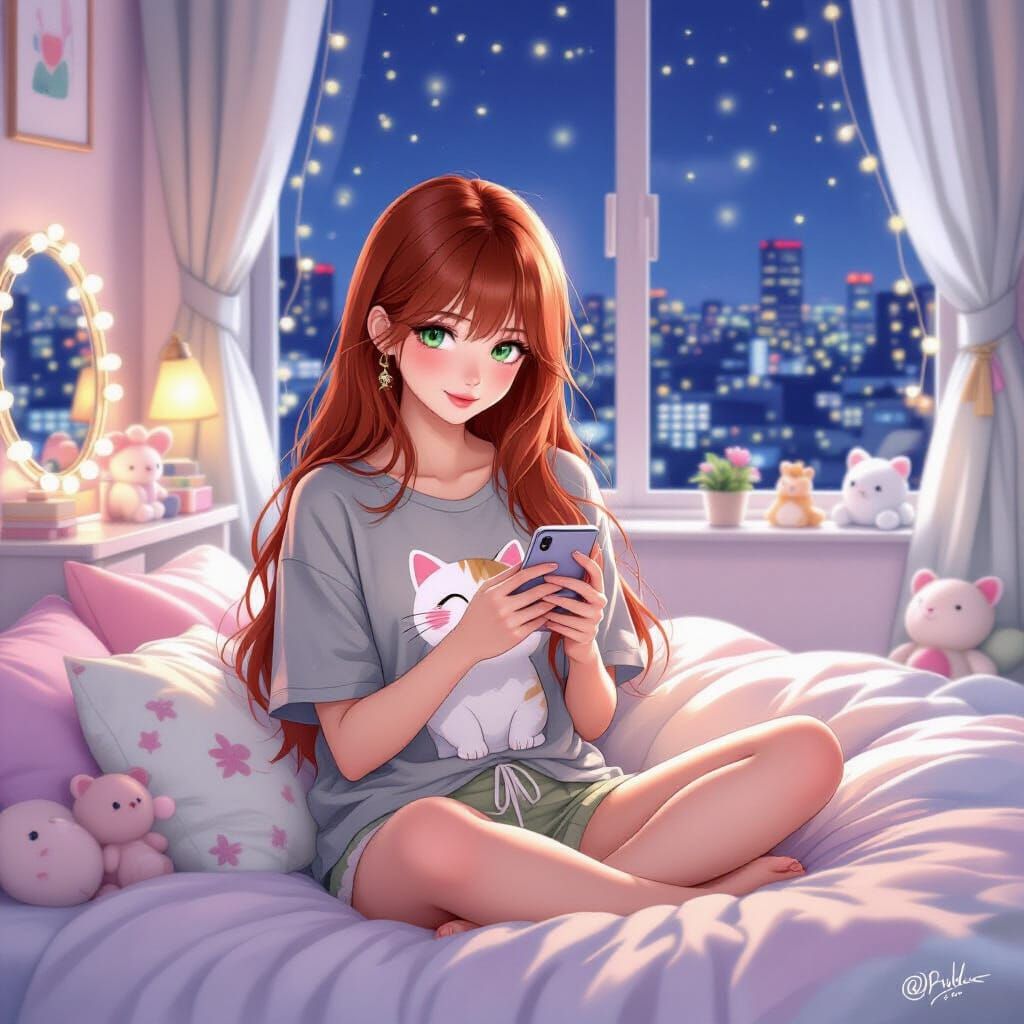 Japanese Woman in Bed in Watercolor Style