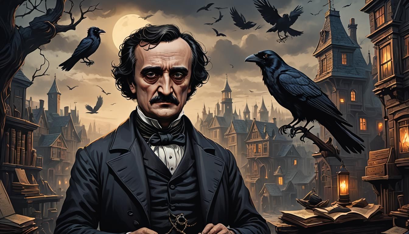 Dark Caricature of Edgar Allan Poe and Raven